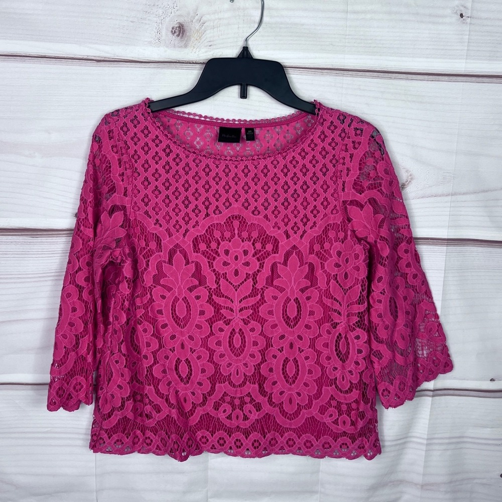 Rafaella Top Womens PS Pink Lace Blouse Boat Neck 3/4 Sleeve Pullover Lined